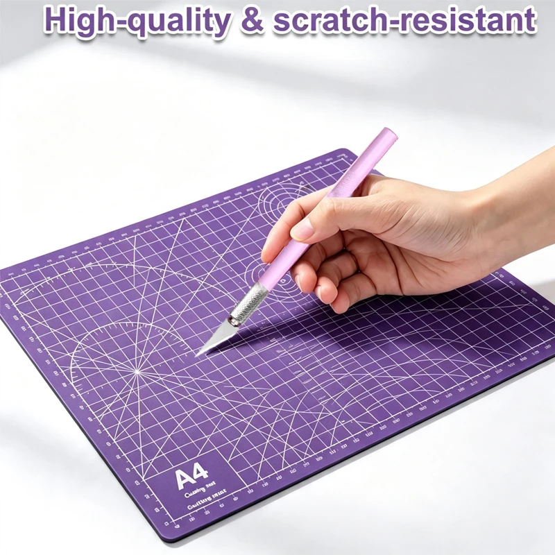 A4 non-slip hand-carving mat set, 1.2mm purple wear-resistant cutting mat, utility knife and 5 spare blades, 15cm high-precision measuring ruler. Leather sewing patchwork cutting DIY workbench tools.