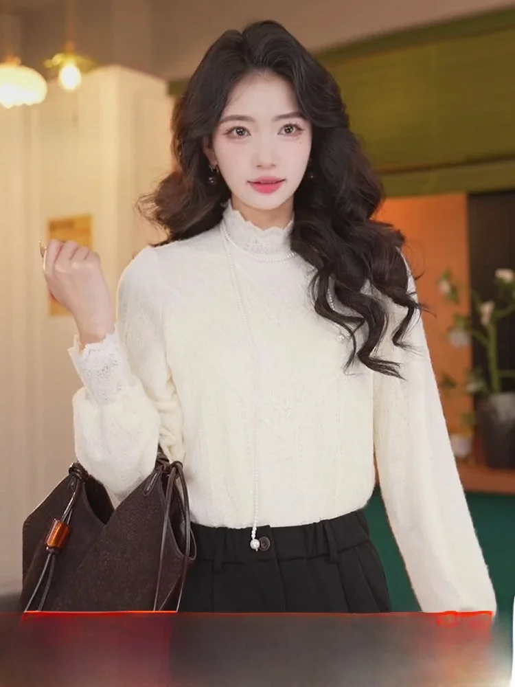 

Chen Jiajie Yunlan Hong Kong Sle Retro Long Sve Lace Base irt Women's Autumn Winter Design High Collar Slimming Top