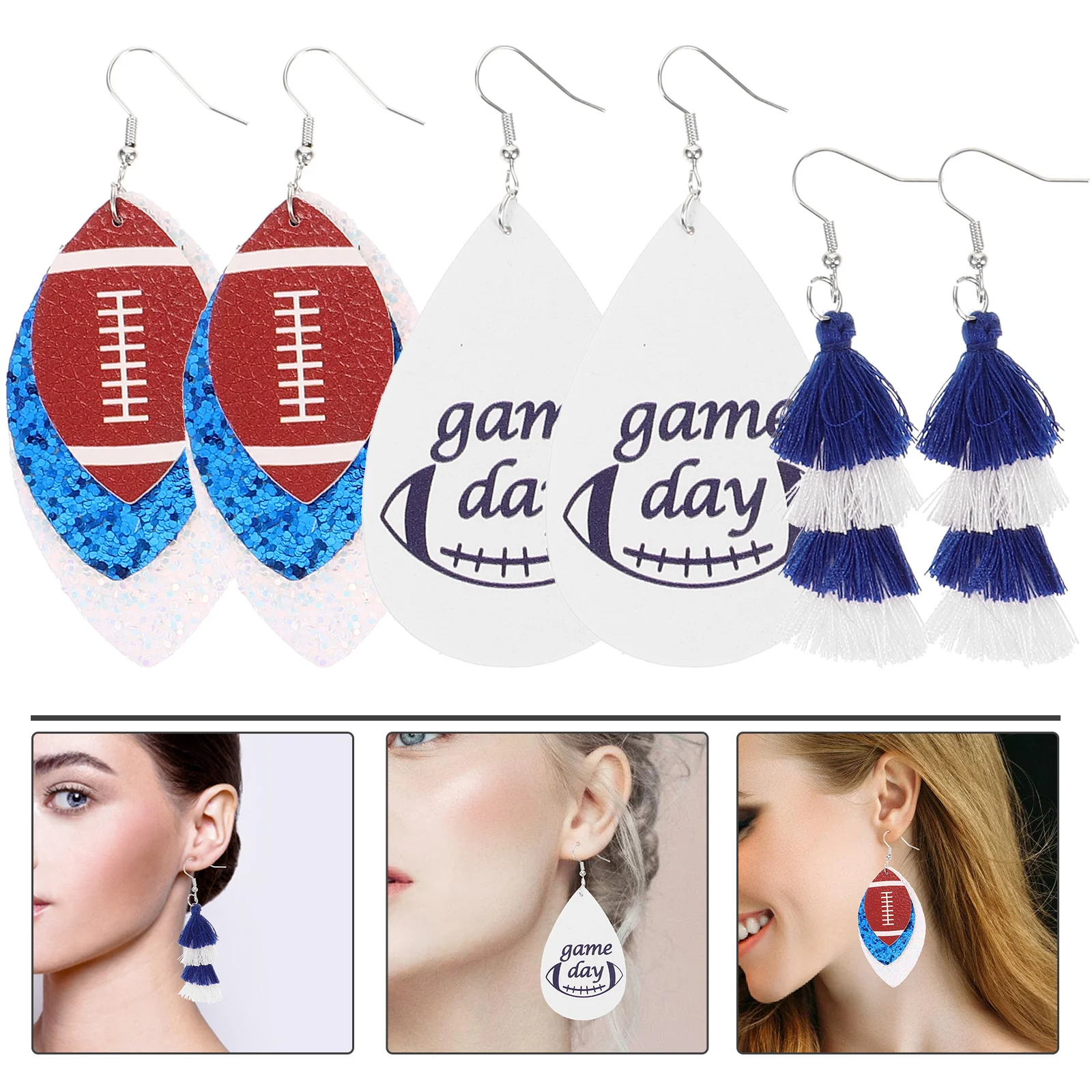 

3 Pairs Layered Tassel Earrings Drop Football Jewelry Fashion for Women Miss
