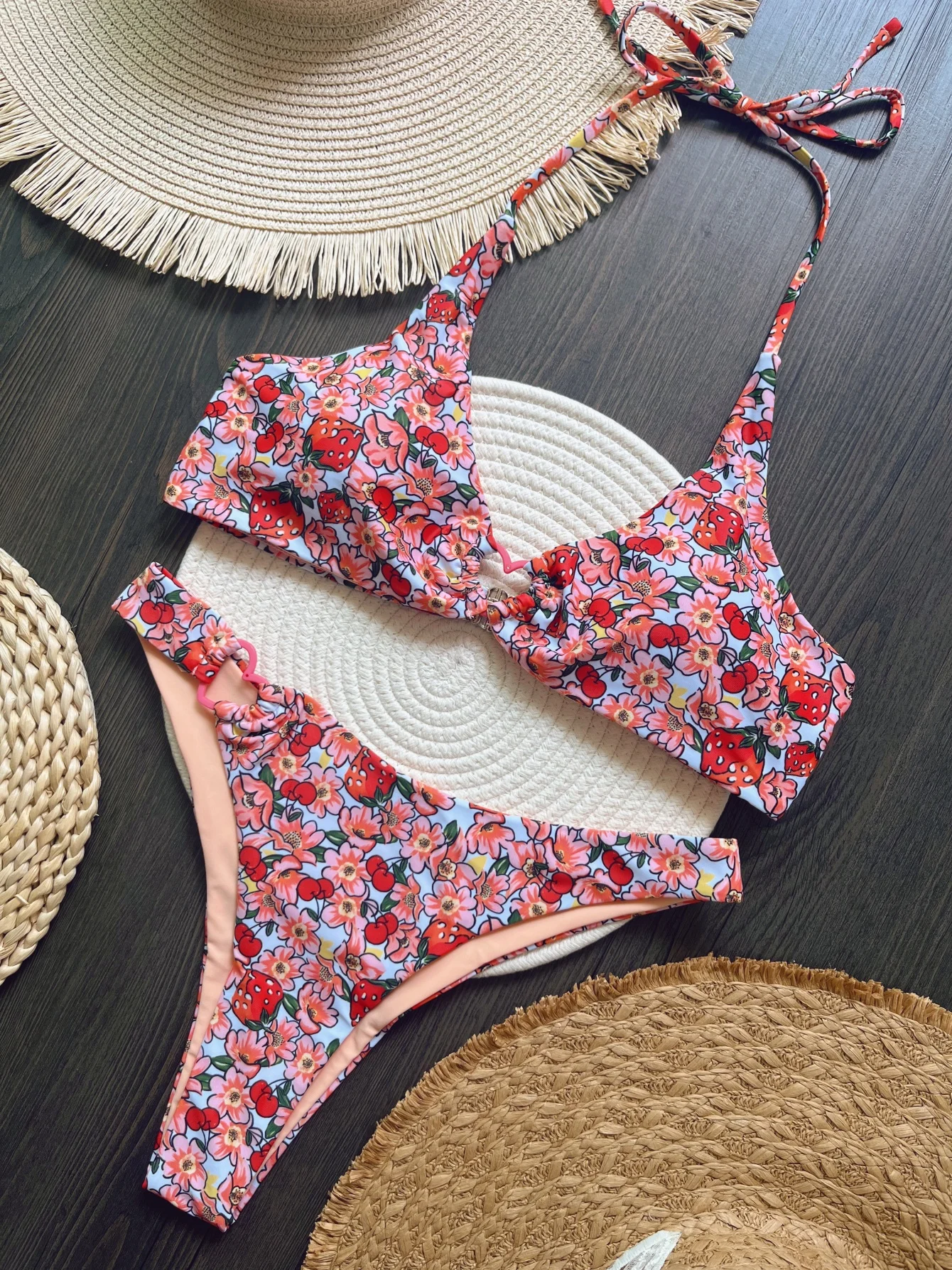 Sexy Bikini Set Women Red Floral Print Push Up Micro Swimsuit 2024 Brazilian Small Broken Flower  Thong Swimwear