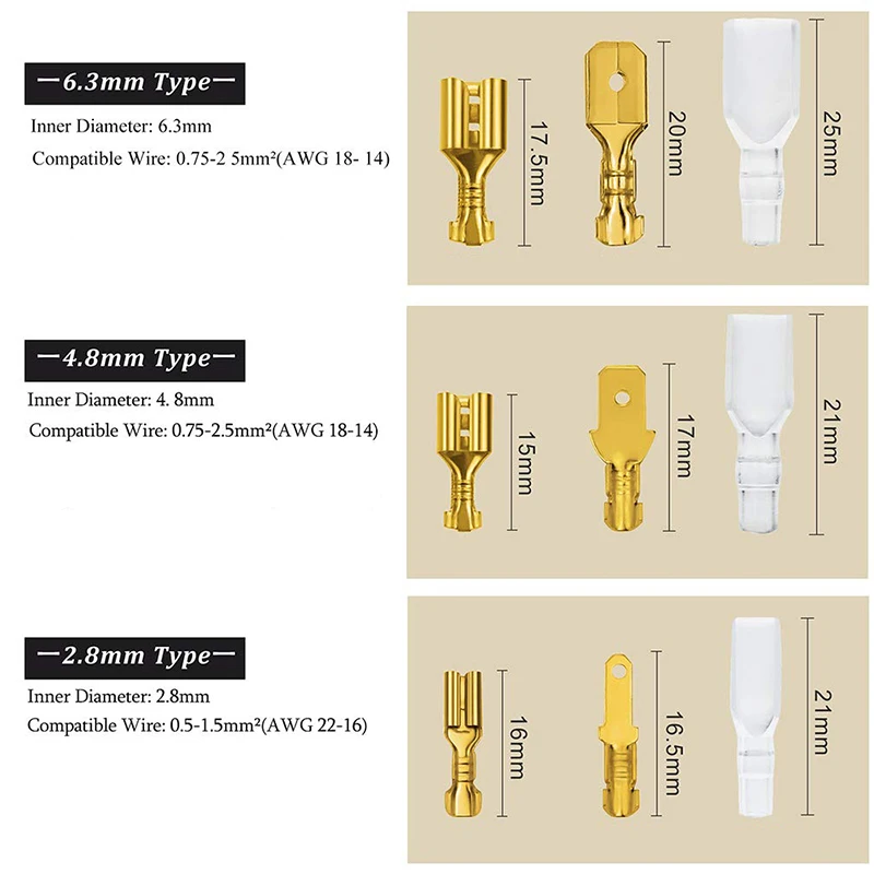 Terminal de crimpado hembra y macho para altavoz de coche, conectores de cable eléctrico de latón y funda aislante, 2,8/4,8/6,3mm, 50 unidades por