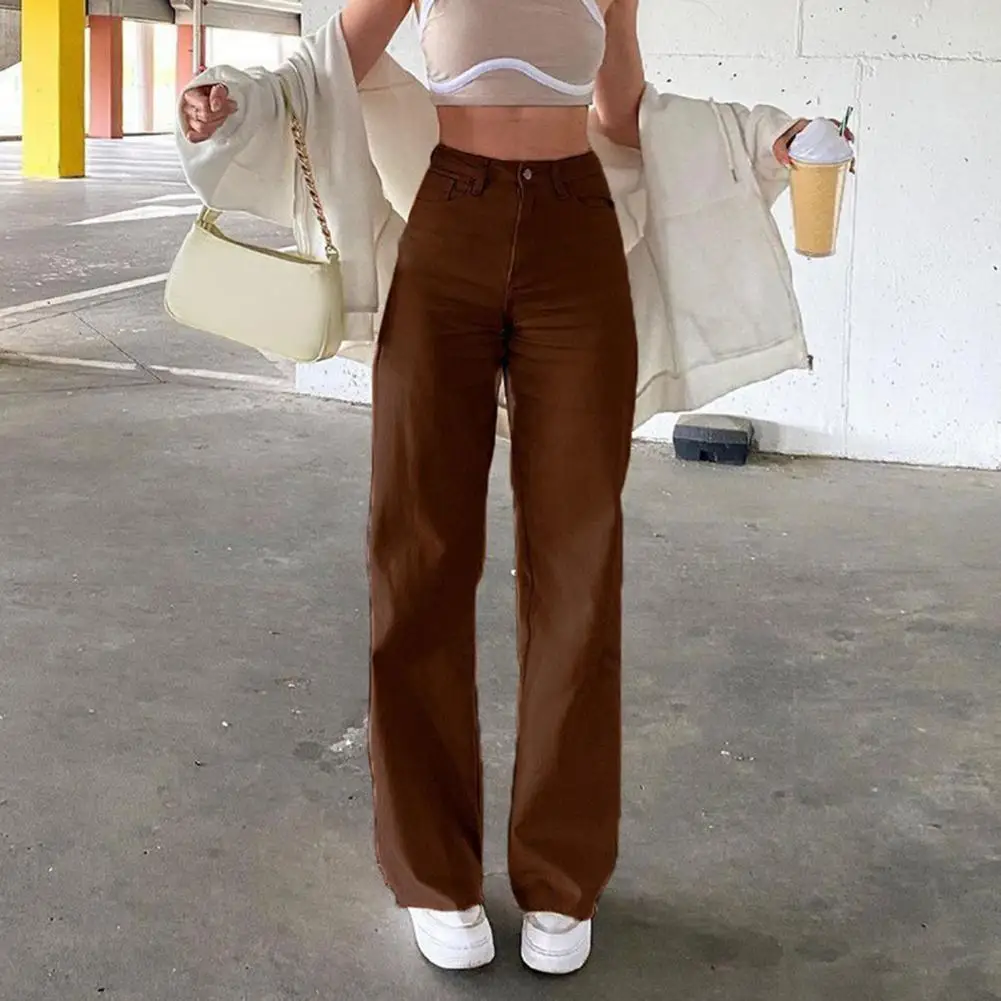Women Jeans Retro American Style Straight Leg Pants Pockets High Waist Button Zipper Closure Denim Trousers Solid Color Jeans