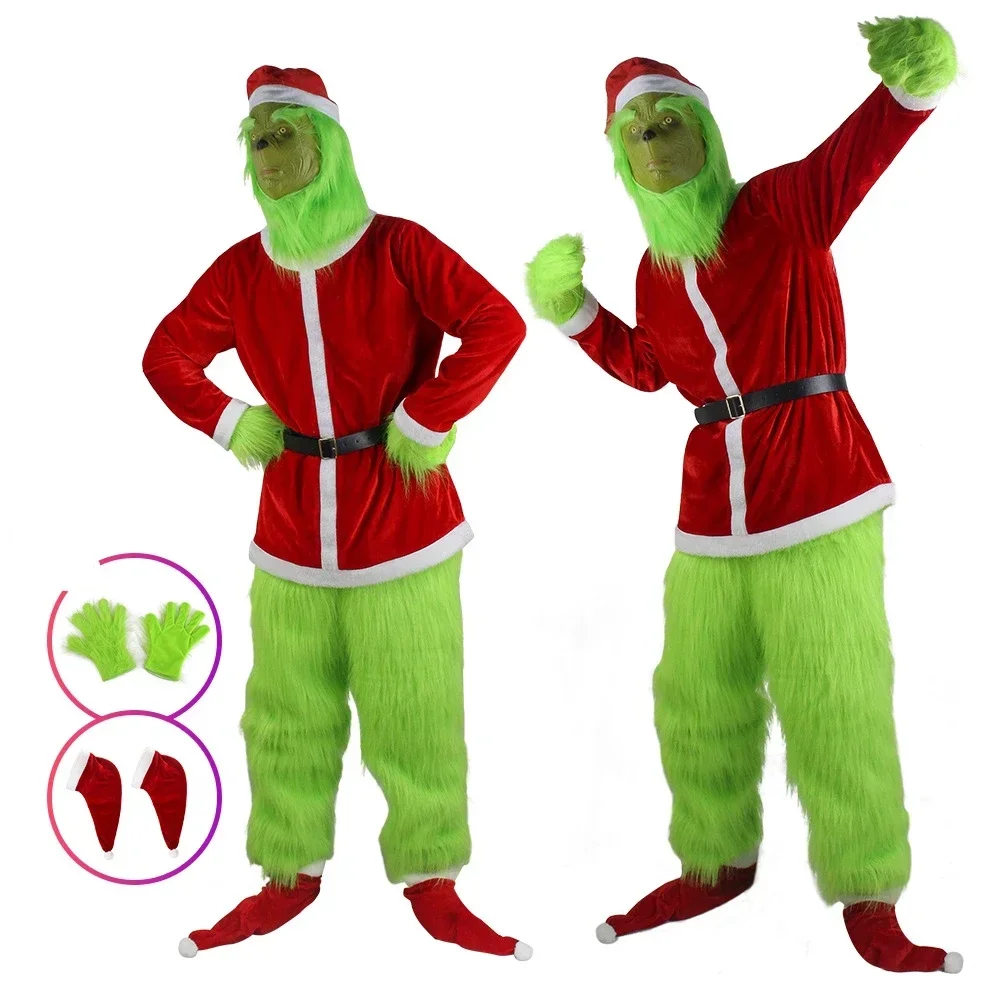 2026Cosplay Costumes Green Thief Plush Mask Pants Gloves Red Santa Claus Hat Tops Socks Holiday Set Xmas Gift view 4