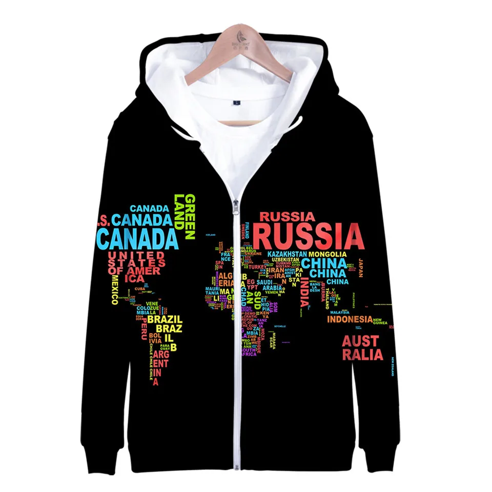 Sudadera con capucha con estampado 3d de World Atlas para hombre y mujer, ropa deportiva de moda Hip Hop con cremallera, chaquetas de manga larga con capucha Harajuku, Tops