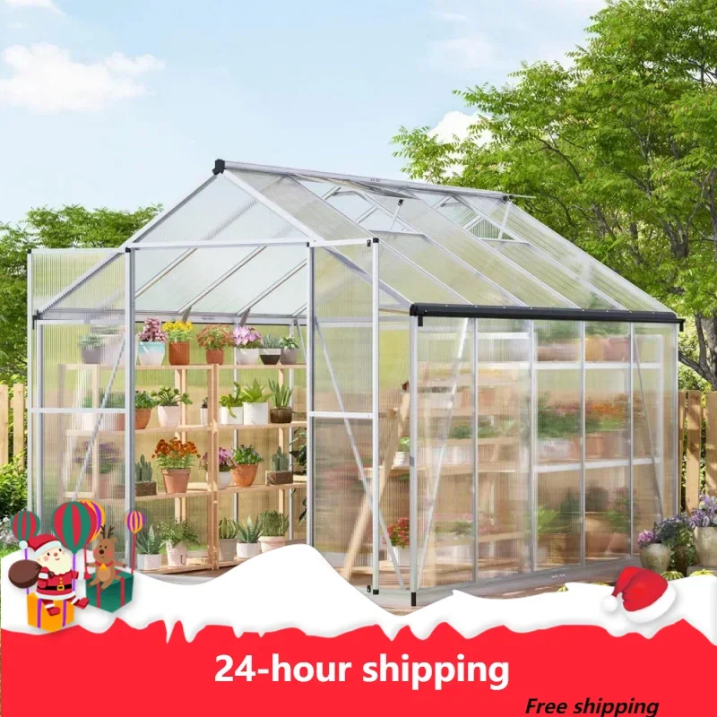 8x10 FT Greenhouse For Outdoors, Polycarbonate Greenhouse With Quick Assembly Structure And Roof Vent, Walk-In Greenhouse