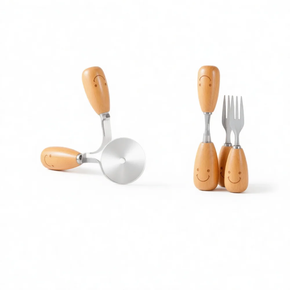 Kitchen Utensil Set Stainless Steel Wooden Handle Smiley Face Cooking Tools Whisk Spoon Spatula Fork Pizza Cutter Kit