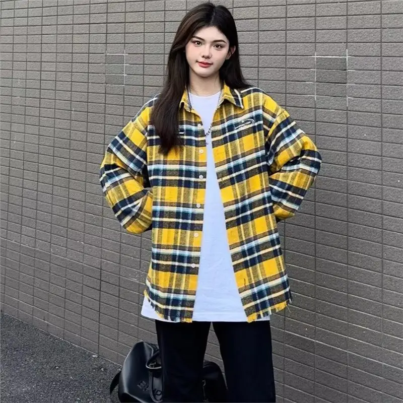 

Summer Large Size 250 Pou Vintage Yellow Plaid Long Sve Men's Casual Loose irt Coat Polyester Fiber High Street Sle