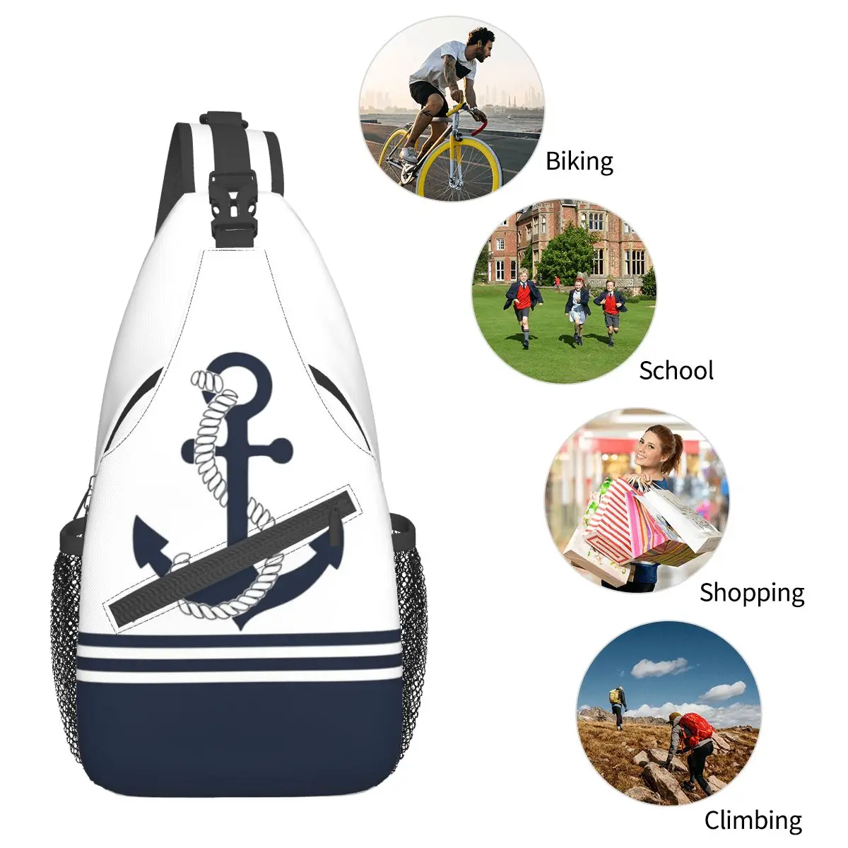 Nautische blaue Anker Cross body Schulter taschen kleine Brusttasche Marine Streifen Schulter Rucksack Daypack Reise Wandern Sport Schulranzen