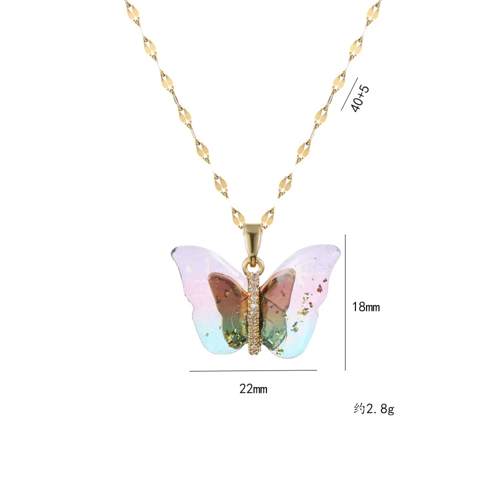 Classic Micro-embedded Colorful Cute Butterfly Necklace, Fashionable and Charming Animal Stainless Steel Clavicle Chain