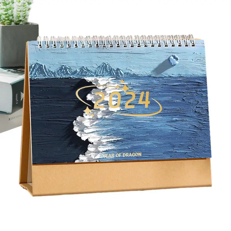 Mini Calendario de escritorio de pie, pintura al óleo, mes, Personal, hogar, aula, escuela, 2024