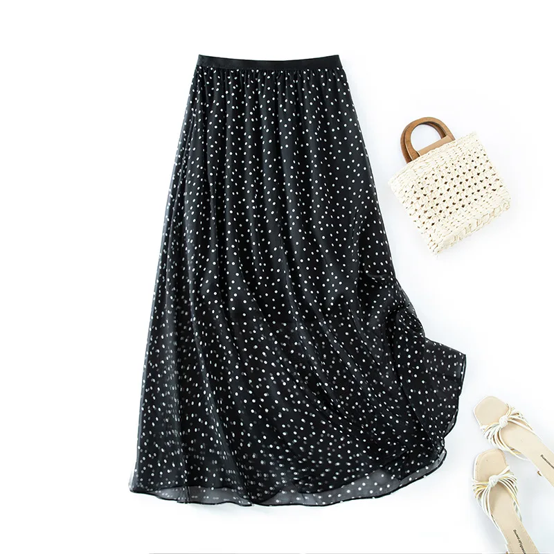 Winsleter-100%Silk Elegant Skirts, Elastic Waist Dot Printed, Women American Retro Party A-line Skirt, 2026 Summer New B65751CC