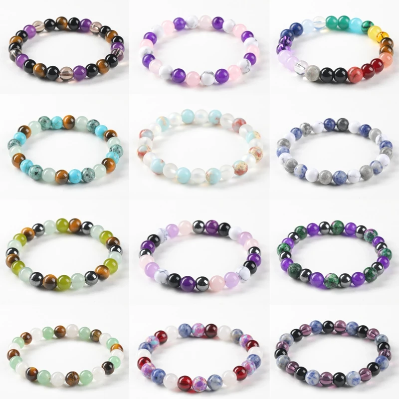 JD Natural Stone Beads Turquoise Hematite Tiger Eye Chalcedony Picture Jasper Glass Bracelet  Jewelry for Women Men Jewelry Gift