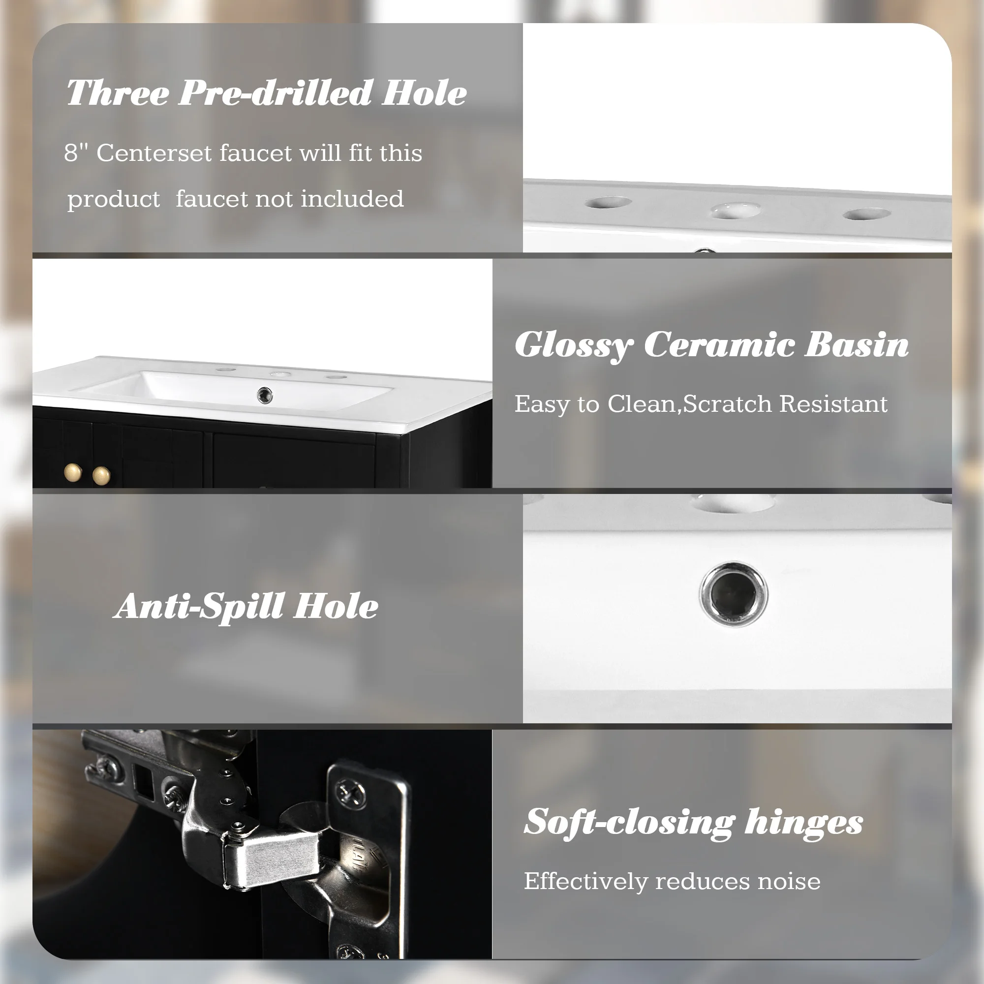 Vaidade de banheiro autônoma de 36 '' com pia de cerâmica 4 gavetas e portas de fechamento suave em preto