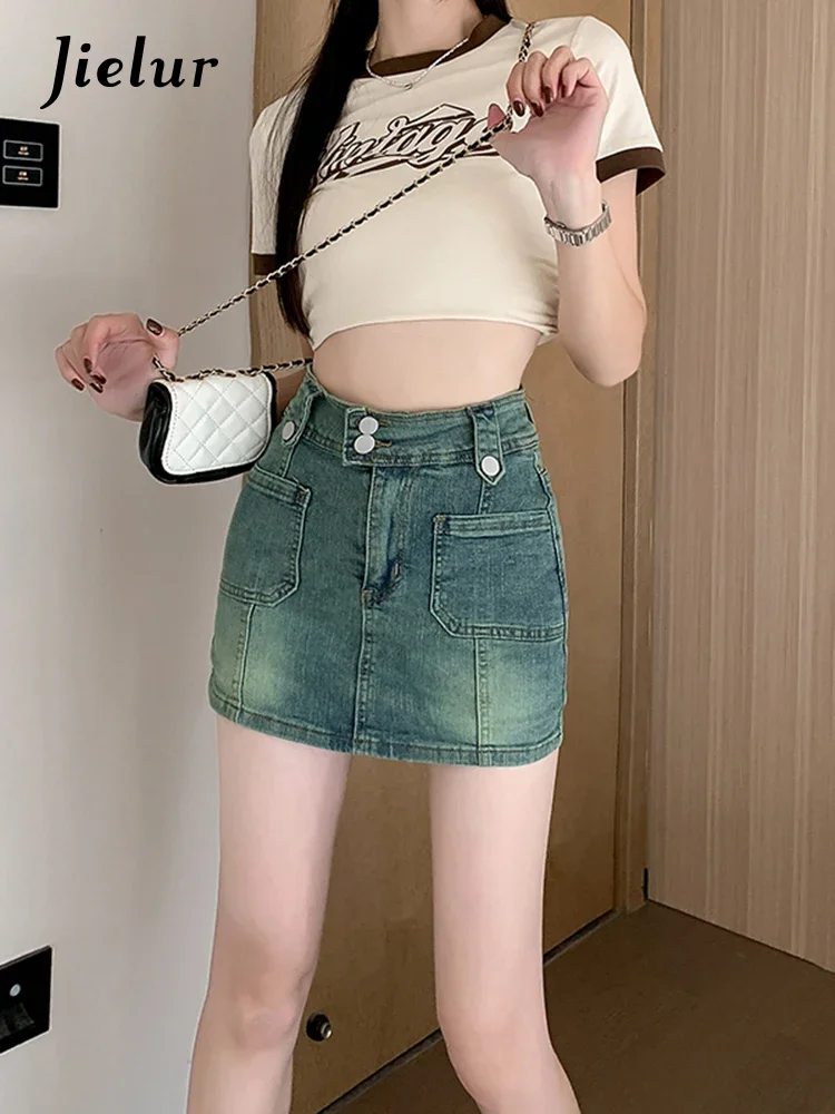 

Jielur Summer New High Waist Vintage Denim Skirts Woman Solid Color Simple Basic Tight Hip Skirts Women Blue Slim Skirts Female