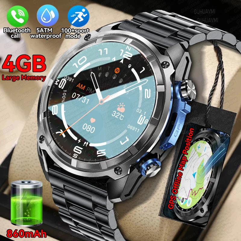 군용 4GB 메모리 T-Rex 3 스마트 시계 GPS 지도 위치 860mAh 배터리 5ATM 방수 AMOLED 블루투스 통화 Smartwatches Men