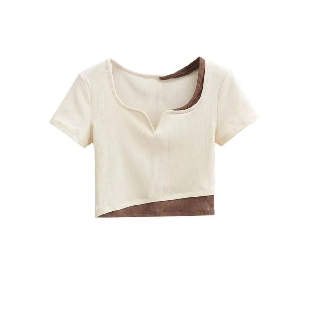 

Cute Y2K Fake Two Pieces Top Patchwork Bottoming Shirt Slim Crop Top Women Spicy Girl Chic Short Sleeve T-shirts Girls