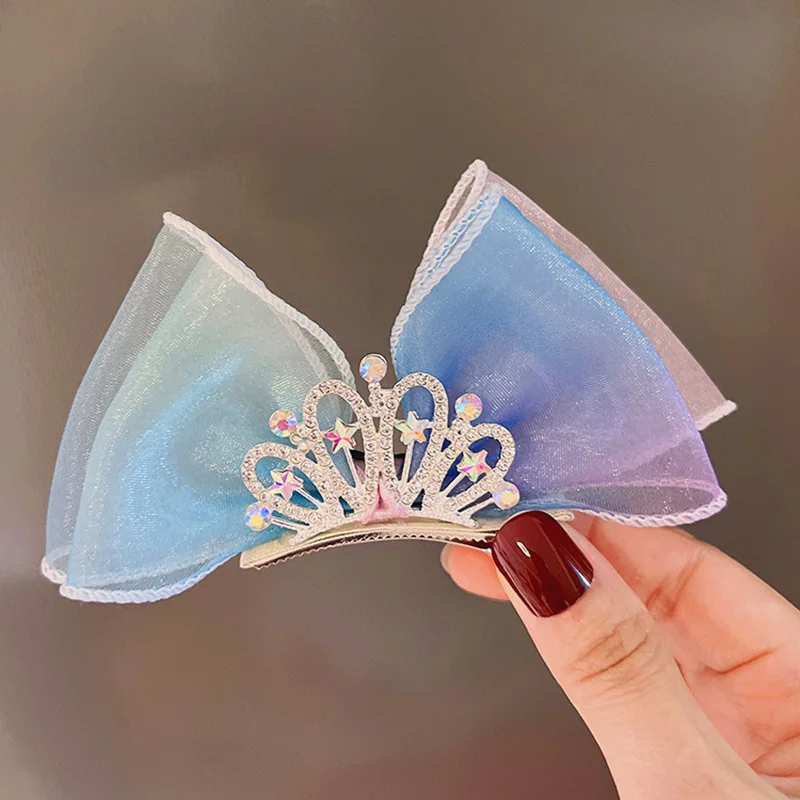 Pastel Rainbow Hair Bows Gradient Color Princess Crown Hair Clips Standing Bowknot Hairpin Kids Barrette Korean Hair Accessories