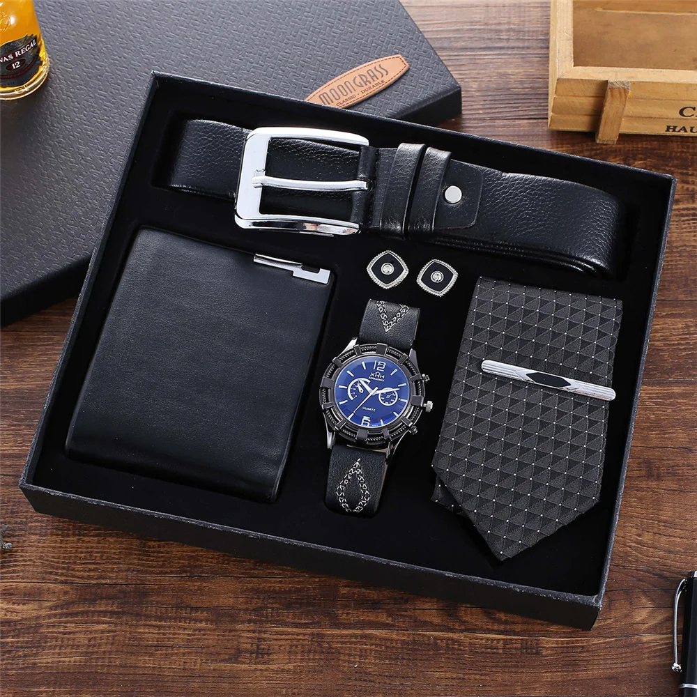 

Men Watch Set Top Quality Leather Belt Wallet Cufflinks Tie Set with Box Business Birthday Gift for Men Boyfriend Father Husband