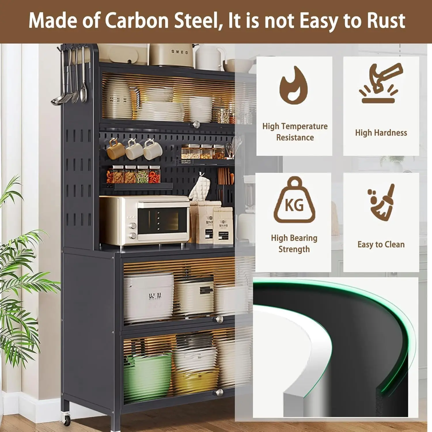 5 Tier Kitchen Bakers Rack with Flip Door Cabinet, Multifunctional Microwave Stand Buffet, Coffee Bar, Kitchen Pantry Storage Ca