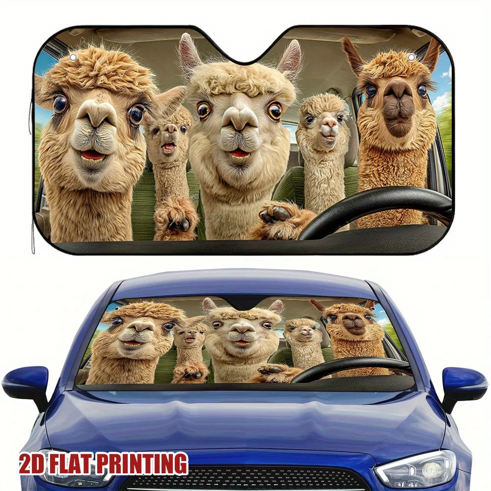

1pc Funny Alpaca Family Car Sun Shade - Windshield & Window Sun Protector With Cartoon Llama Design, Durable Weather-Resistant F