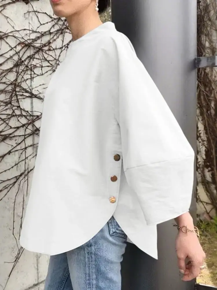 

ZANZEA Women Blouse 2025 Autumn Lantern Sleeve Solid Shirts Ladies O-Neck Casual Button Split Elegant Office Lady Streetwear Top