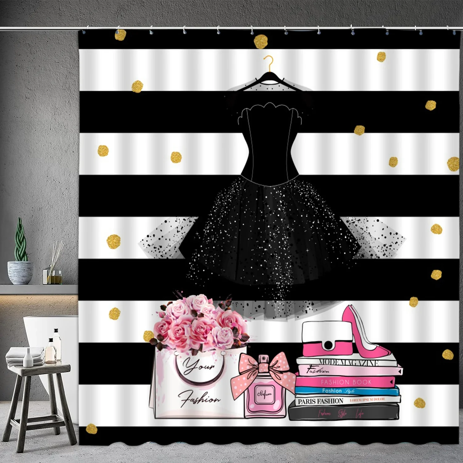 Pink Perfume High Heel Shower Curtain Set Black White Stripes Fashion Girl Woman Bathroom Decor Polyester Bathtub Curtains Hooks