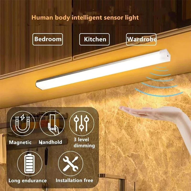 PIR Motion Sensor LED Under Cabinet Lamp Dimmable Rechargeable Night Light Stairs Closet Room Aisle Tube Bar Detector Bulb