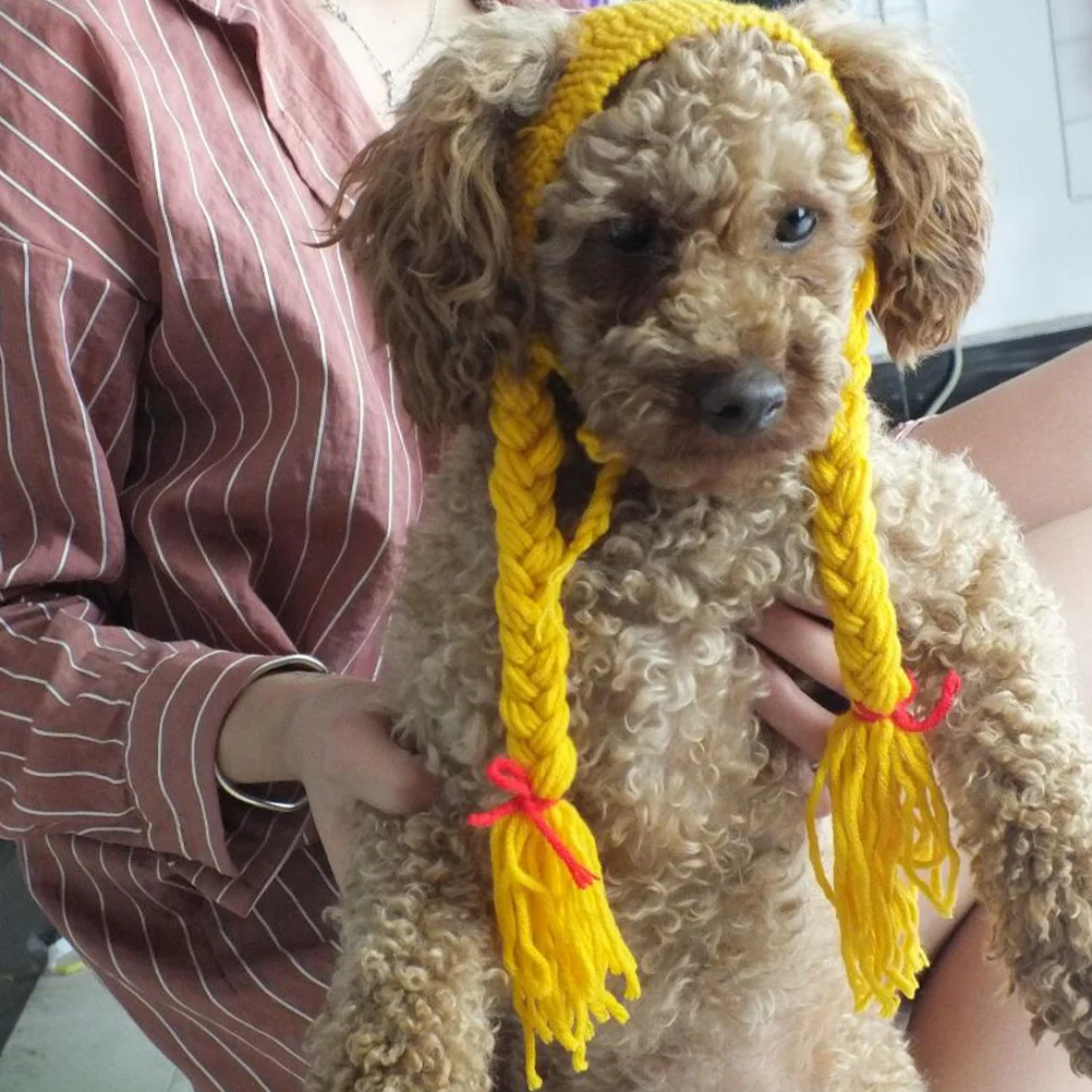 

Cat Head Hat Pet with Braids Knitted for Pets Hats Woolen Yarn Funny Knitting Cap Small Dog