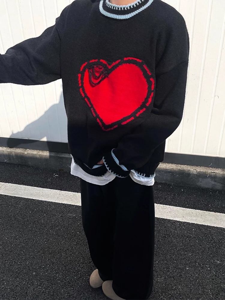 

Casual round Ne Knitted Sweater Men's Autumn Inner Wear Heart Pattern Lazy Sle Couple Matching Long Sve Loose Fit irt