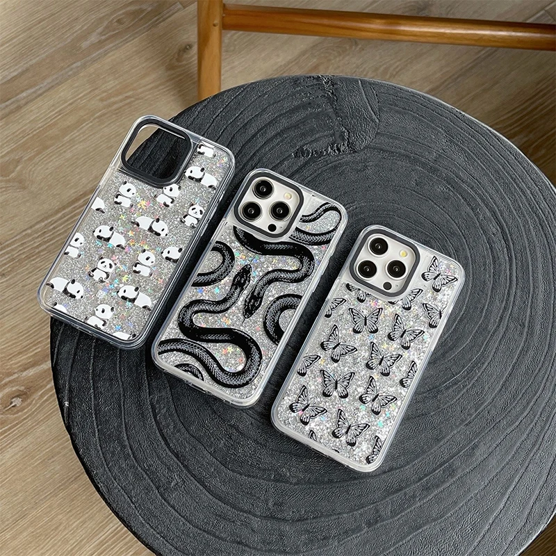 

Cute Panda Butterfly Transparent Border Silver Quicksand Phone Case Cover for IPhone 12 13 14 15 Pro Max Case for IPhone 15 Pro