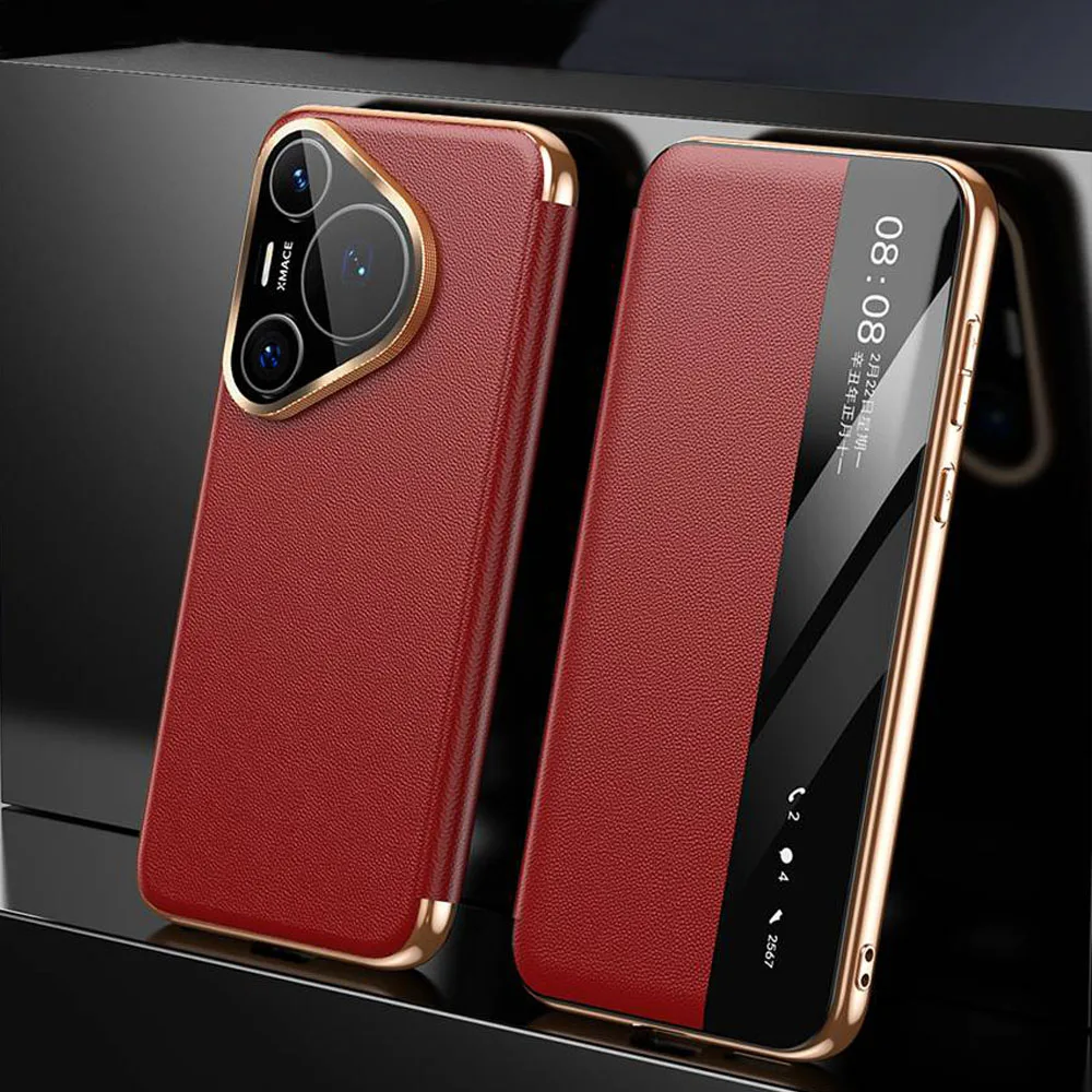 

Genuine Leather Case For Huawei Pura 70 Pro Case Pura80 Pro Plus Window View Intelligent Flip Cover For Pura 90 Pro+ Protector