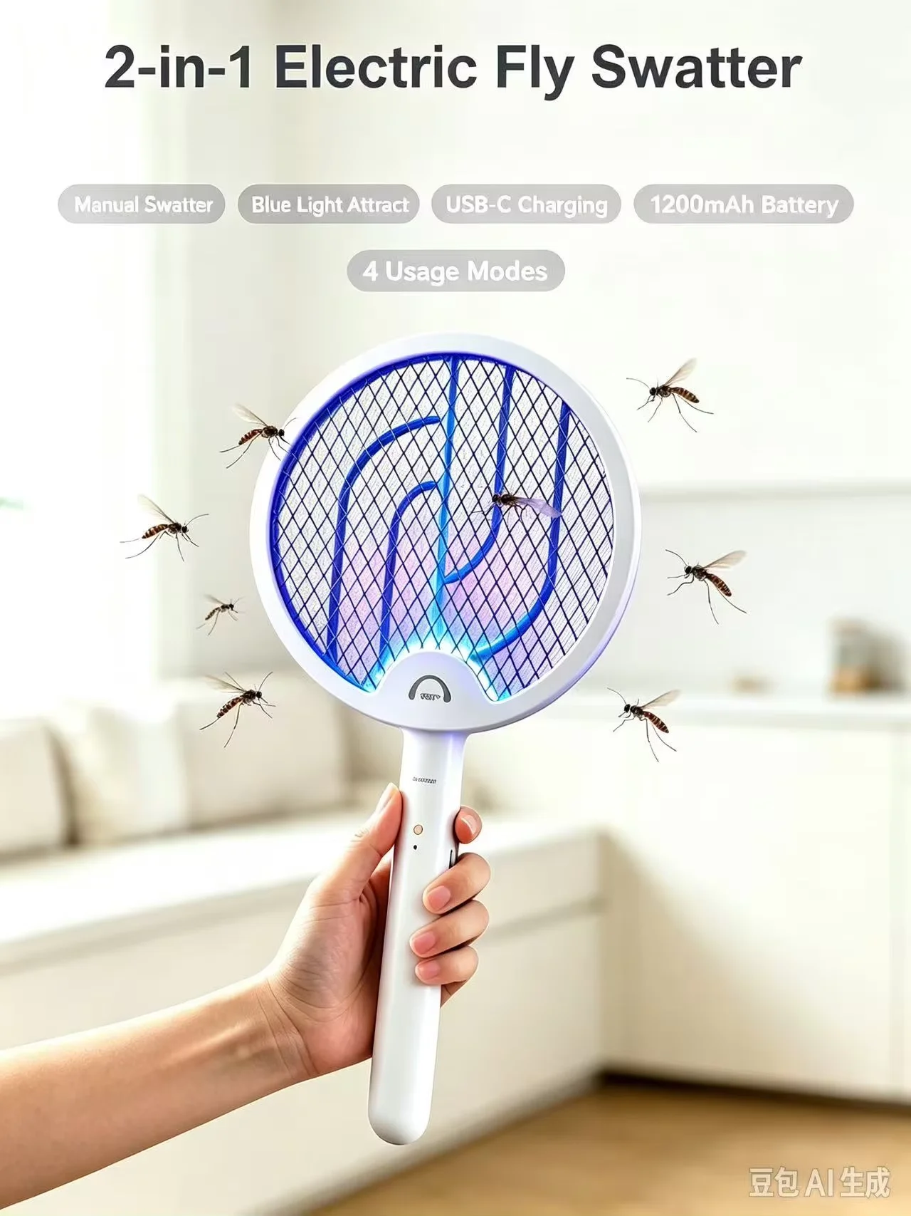 1 Piece of 2-in-1 Electric Mosquito Swatter and Mosquito Killer Lamp, Can Be Hung and Used on a Table, USB Type-C Charging, Equipped with a Rotatable Handle and Multi-Layer Protective Net, Purple Light Luring Technology, Suitable for Indoor and Outdoor Environments Such as Home Bedrooms, Kitchens, Offices, Backyards, and Patios Mosquitoes, Mosquito Repellent, Anti-Mosquito, Mosquito Repellent Device, Electric Mosquito Swatter
