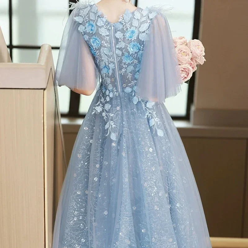 Customized Elegant O-neck Front Exquisite Flower Feathers Appliques Ceremonial Dress Long Mesh Tiered Sequin Temperament Vestido