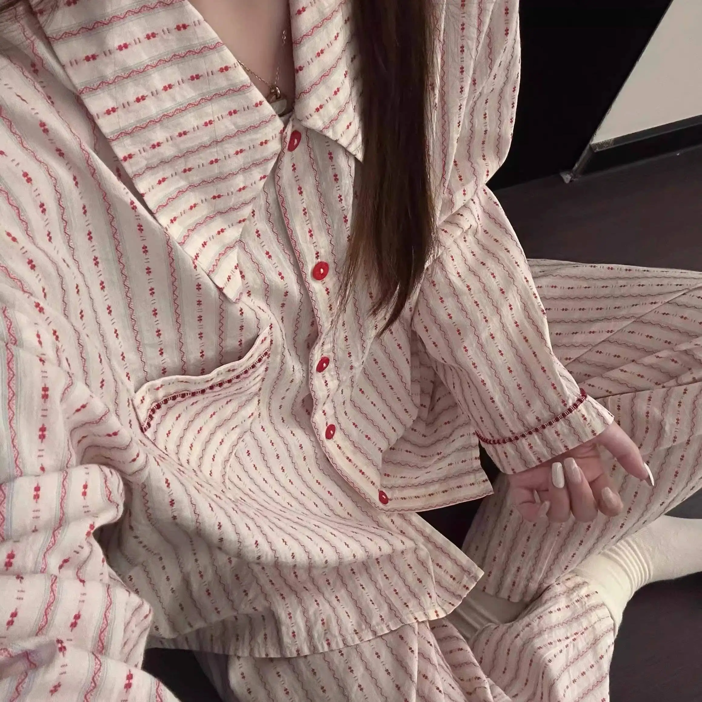 

Pajama Sets Plus Size Women Design Cooling Long-Sleeve Wear Fit Love Lovely Ice Home Versatile Woven Slip Colourful Pants Simple
