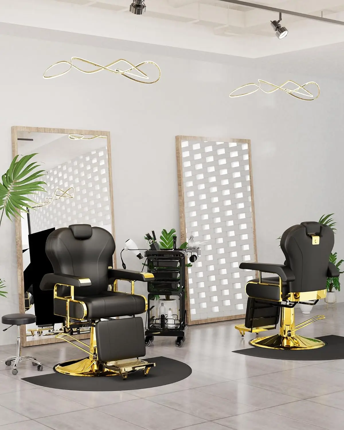 Profession eller Liegestuhl mit verstellbarer Rückenlehne, eleganter Friseurs tuhl aus Schwarz gold mit Hoch leistungs stahlrahmen