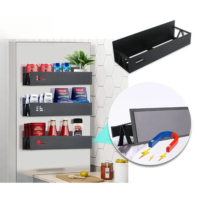

Magnetic Fridge Organizer - No Drill Spice Rack for Kitchen, Side Mount Storage Shelf with Hooks for Condiments wall shelf
