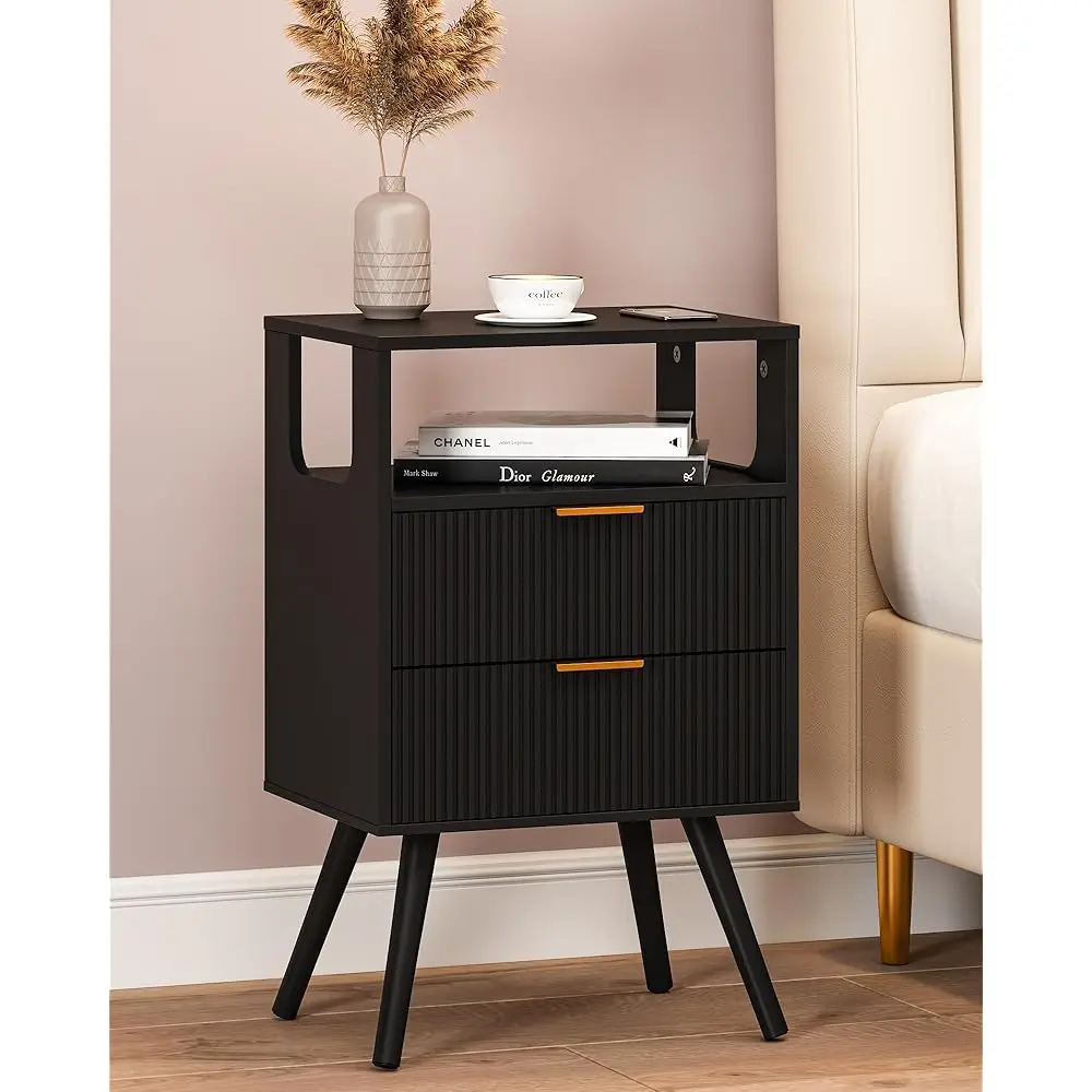 

Bla Nightstand,Modern Bedside Table With 2 Storage Drawer And Open Wood Shelf, For Bedroom And Small Spaces,Night Stand With