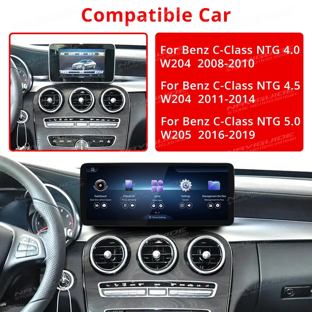 NAVIGUIDE Android14 For Mercedes C Class W205 NTG 5.0 Wireless Carplay Android Auto Intelligent Car Navigation Multimedia Player