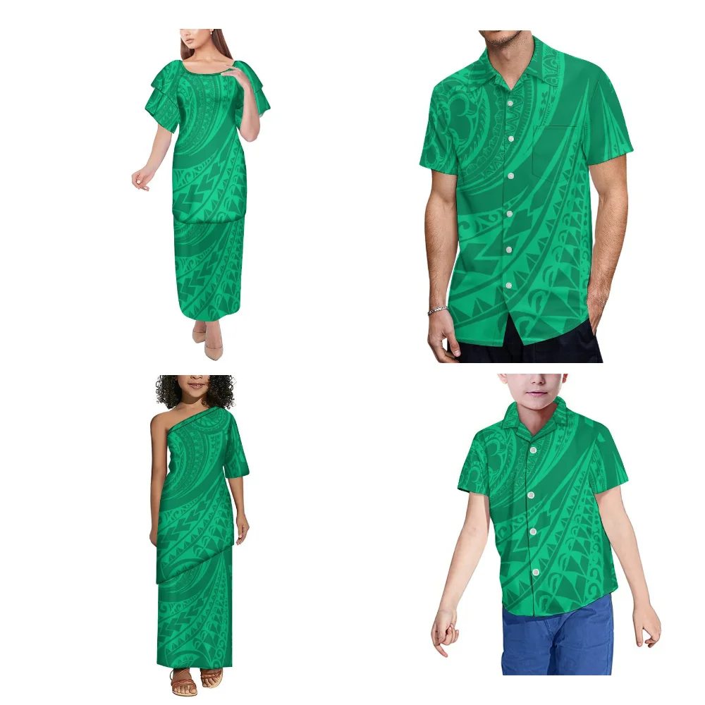 Polynesian Ladies New Dress Home Party Dress Custom Summer Short Sleeved Ladies Girls Puletasi Skirt Men Boys Pocket Shirt