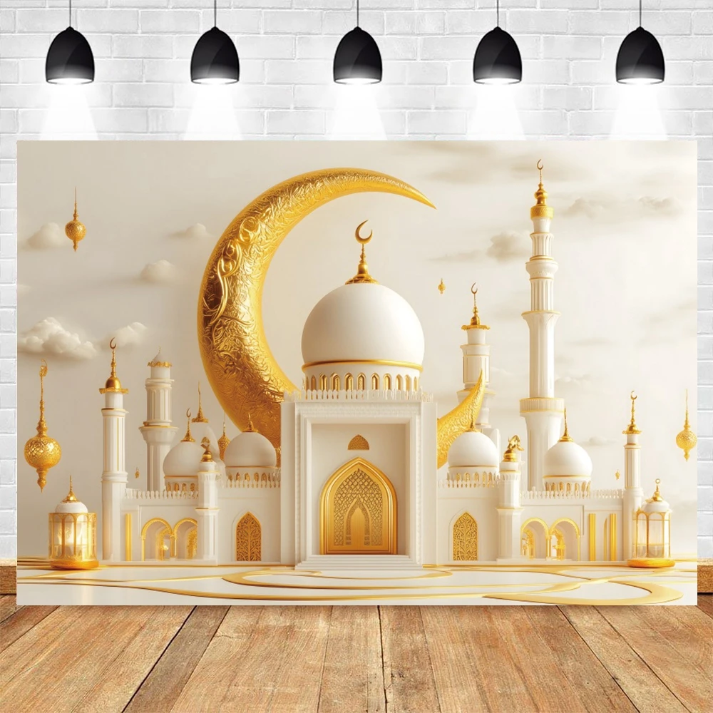 2026 Ramadan Kareem Decoration Eid Mubarak Backdrop for Photography Big Golden Moon Lamp Muslim Islam Mosque Photo Backgrounds
