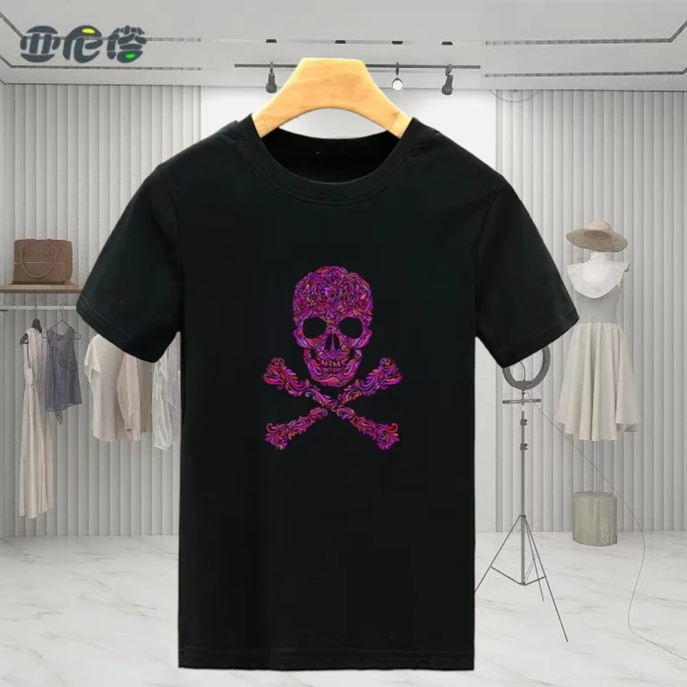 

2025 Explosive Skull with Cotton Printed Short Sleeve High Quality Stylish Deluxe Edition Comfortable and Breathable Highquality