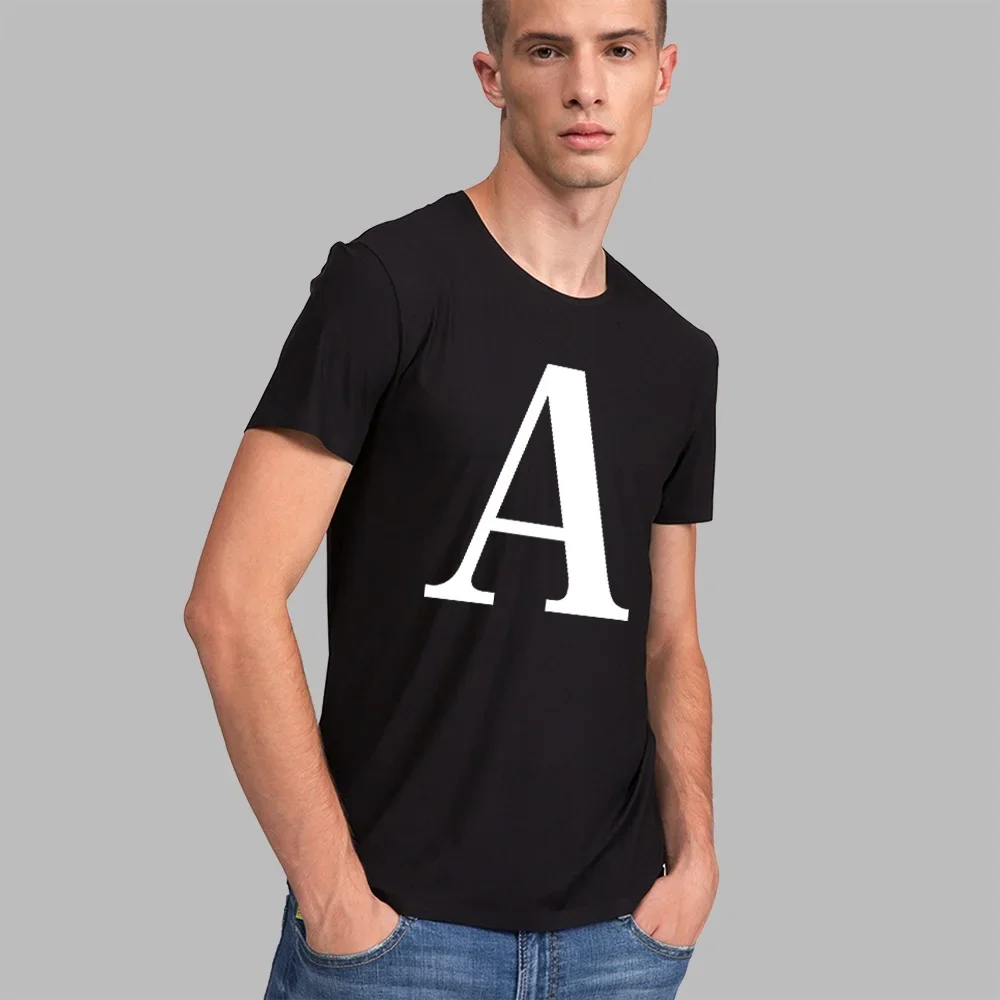 Fashion Men T-shirt White English Letter Font A B C D E F G Short Sleeve Tops O-neck Black Casual T-shirt Clothing Commuter Tops