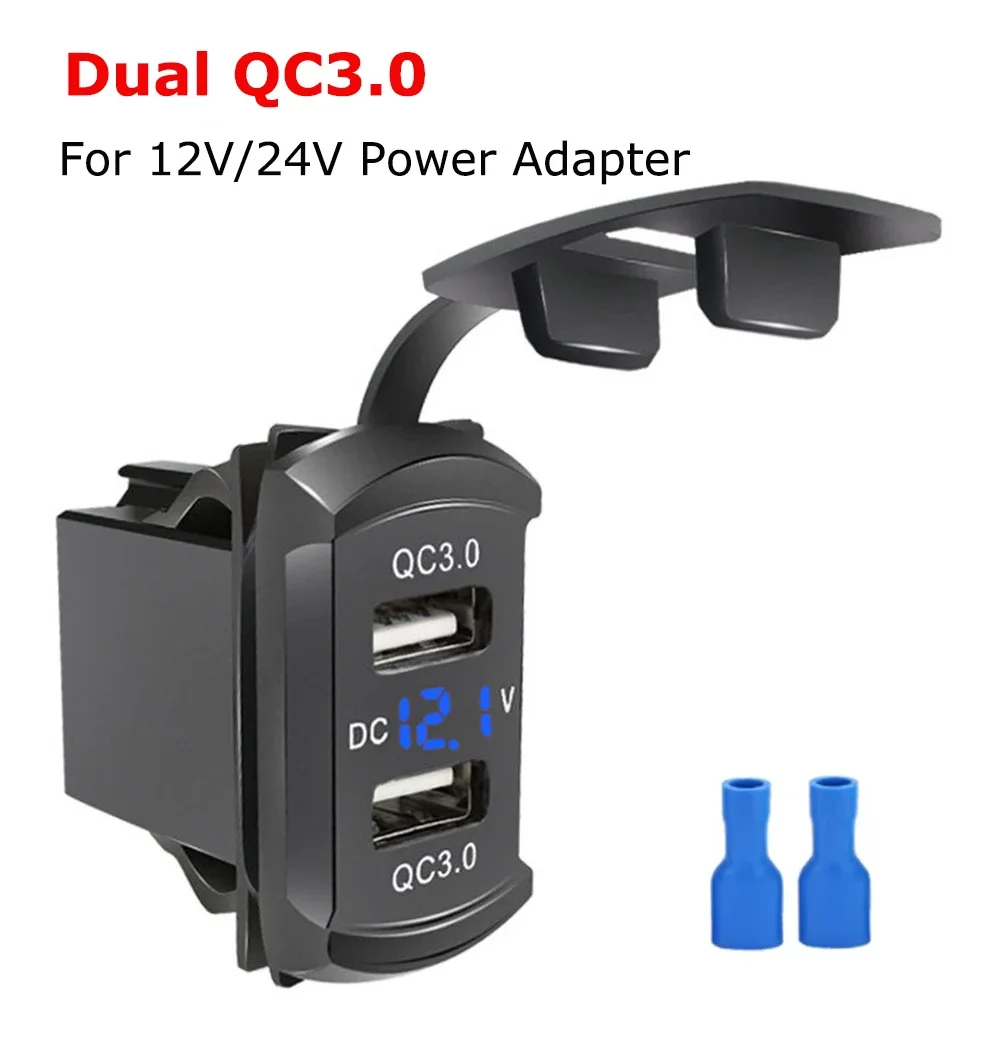 Dual QC3.0 Car Charger Socket USB C Phone Charge Power Adapter LED Digital Voltmeter 12/24V For Rocker Marine Switch Panel