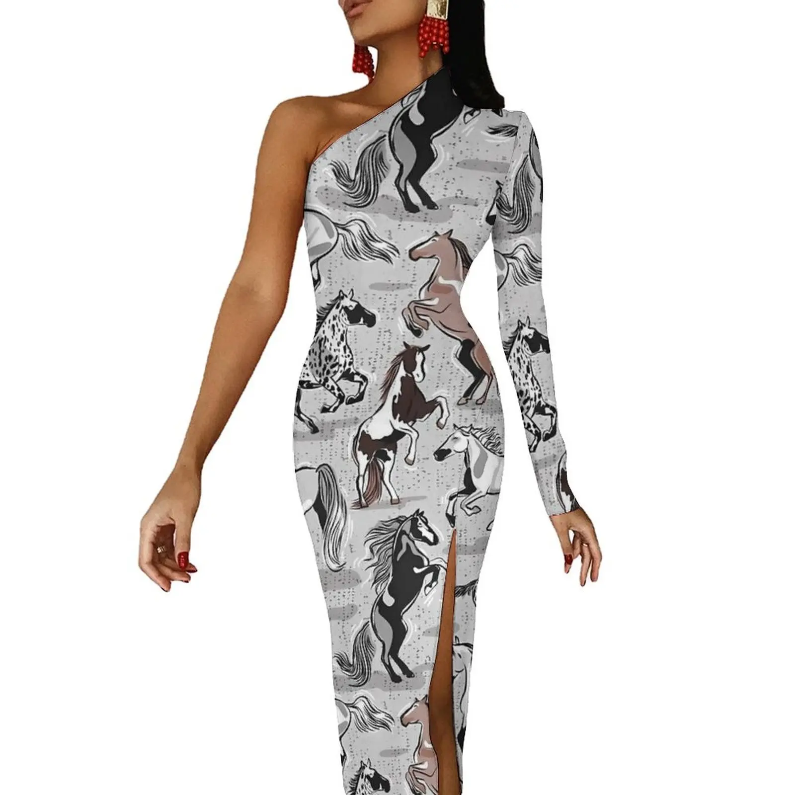 

Vintage Horse Long Dress Womens Animal Print Street Style Maxi Dress Summer Night Club Bodycon Dresses High Slit Clothing