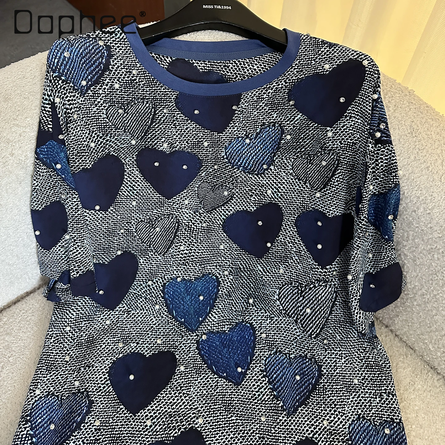 

2025 Summer New Beaded Heart Print Short Sleeve T-Shirt Set Fashion Loose Casual Top Shorts Two Piece Sets Womens Outifits