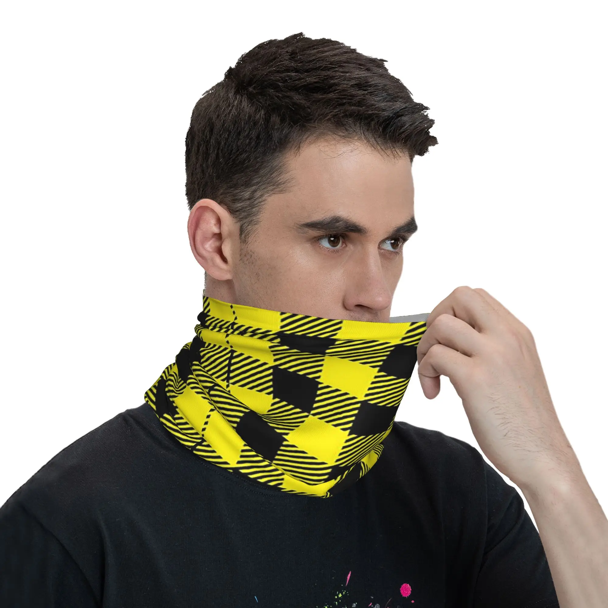 Yellow And Black Buffalo Check Pattern Bandana Neck Gaiter Printed Magic Scarf Multifunction Cycling Scarf Hiking Fishing Unisex view 5
