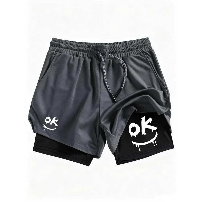 

Мужские быстросохнущие шорты для фитнеса 2026 с принтом улыбающегося лица, спортивные шорты 2-в-1 с карманом для мобильного телефона и сумкой для полотенец для активного ношения
