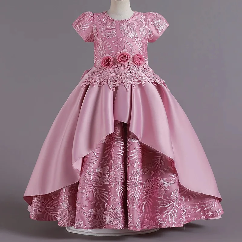 

Customized Flower Girl Dress For Wedding Appliques Lace Floor Length Short Sleeve Elegant Kids Birthday First Communion Gown