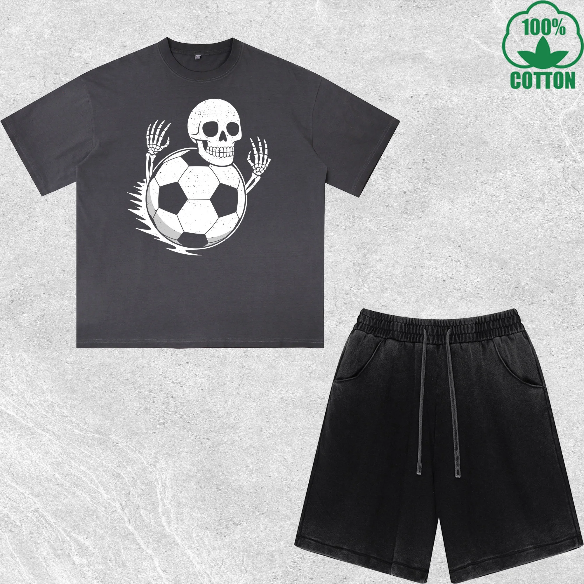 

Soccer Skull Printed Dirty Wash T-Shirt Shorts Set Multicolor Combo Loose Trendy Fashionable 100%Cotton Short Value Pack