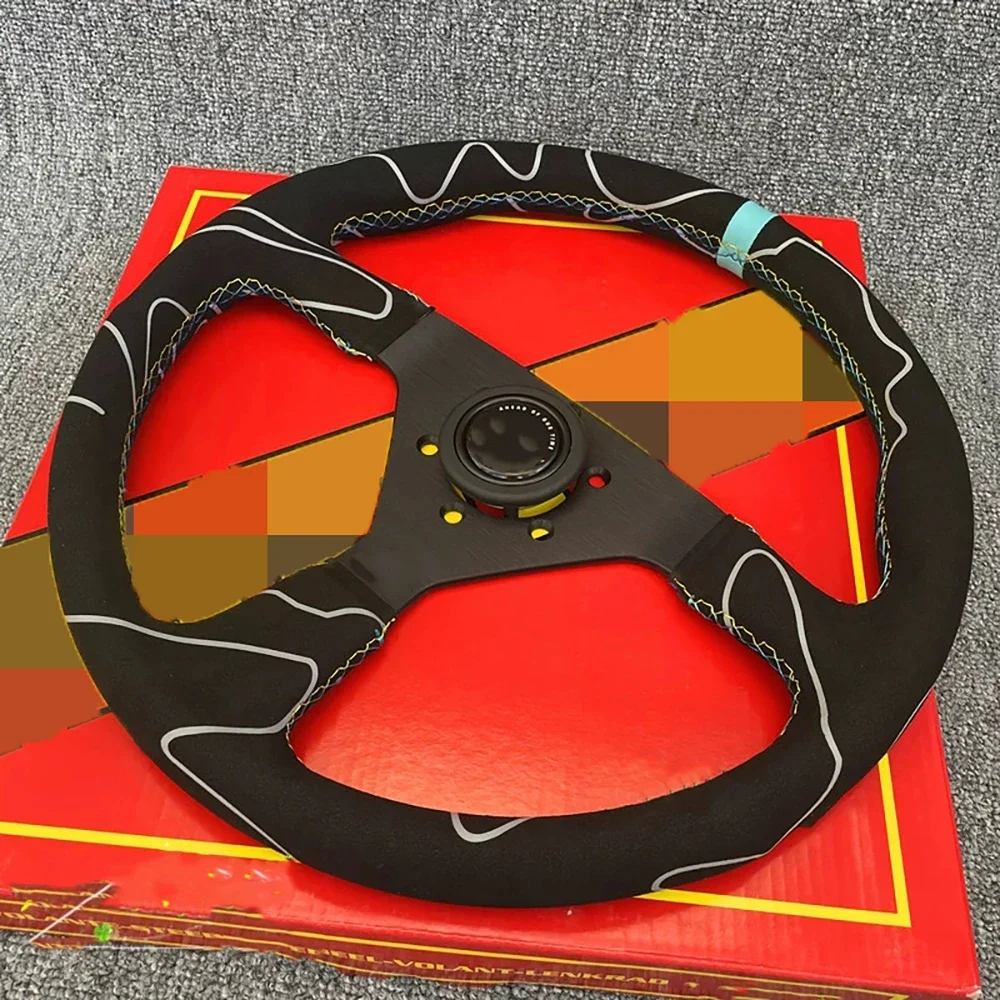 Car Universal 14 Inch Graffiti Flat JDM Steering Wheel Suede Frosted Sports Steering Wheel  Volante Deportivo For Honda Toyota
